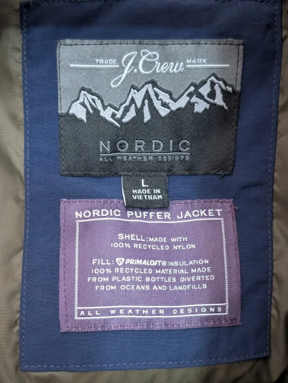 J.Crew Men's Nordic Eco Puffer Jacket Large PrimaLoft Navy Blue AZ580